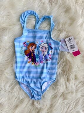 Disney Light Blue and White Striped Frozen Anna & Elsa One-Piece Swimsuit